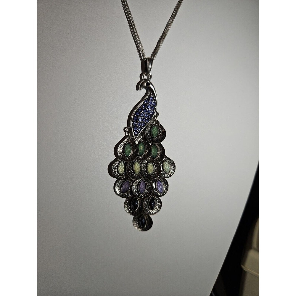 Ave Silver-Tone Peacock Purple And Green Crystals Dangle Pendant